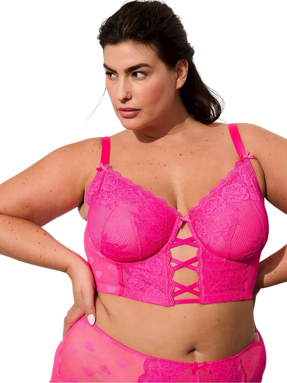 CACIQUE Heart Mesh Longline Unlined Balconette Bra Pink Lace Up Corset 40DDD NWT